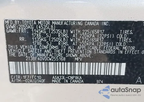 2012 Toyota Rav4 from USA, damaged, VIN 2T3BF4DV0CW255168